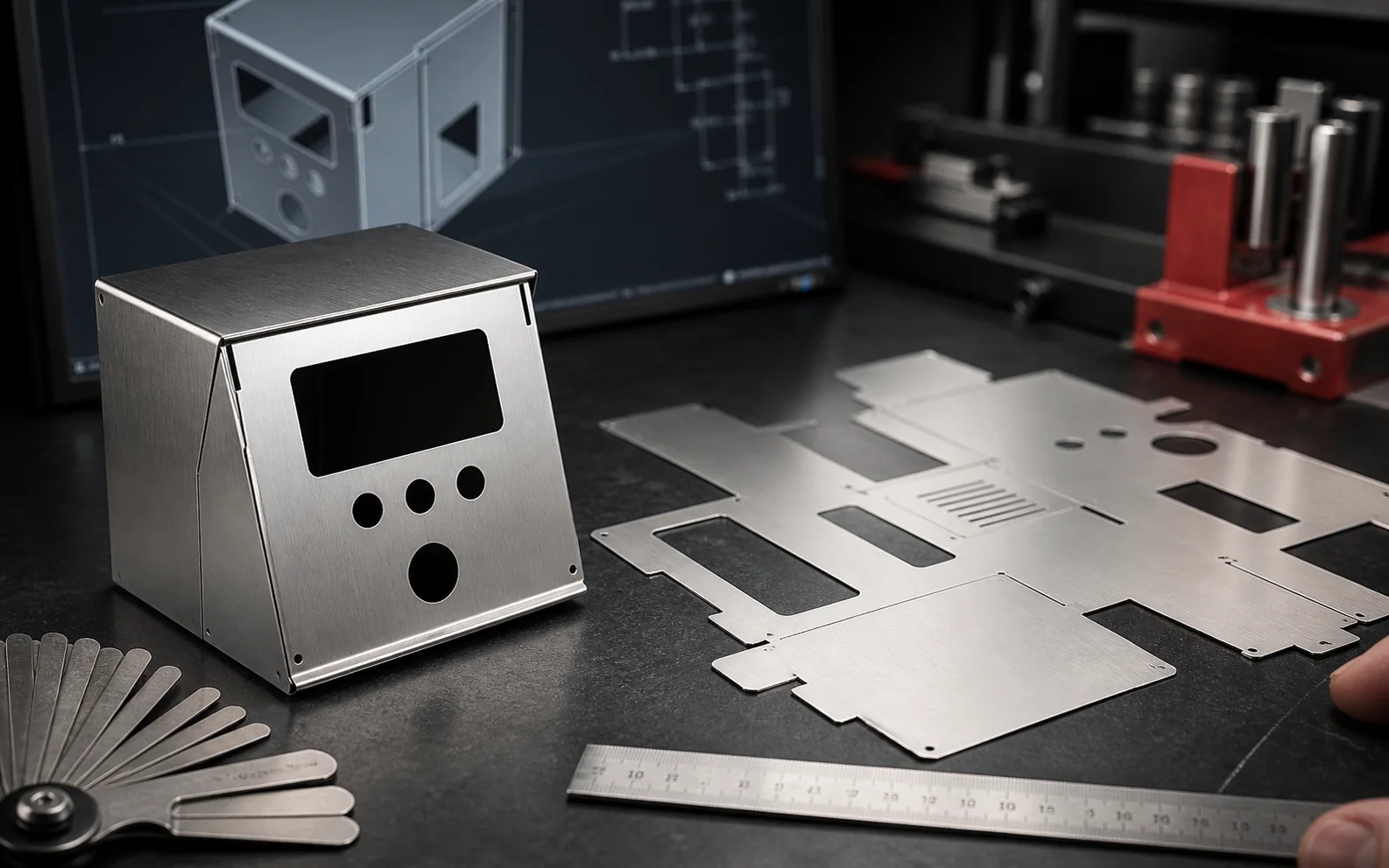 Prototype inox rapproché de ses pièces à plat et de sa géométrie de conception