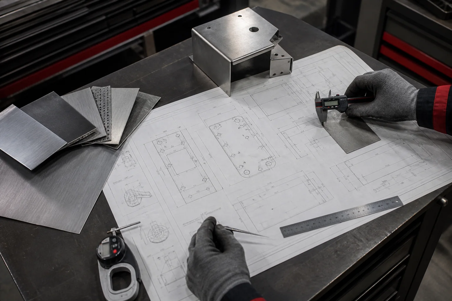 Étude technique d’une pièce inox avec plans, échantillons et pied à coulisse