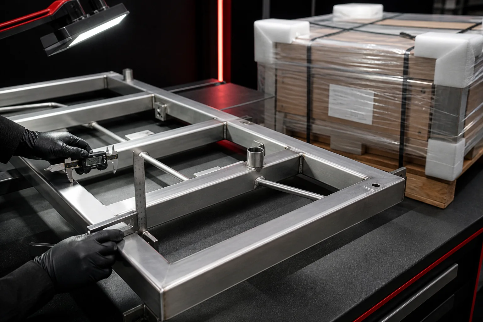 Contrôle final d’un châssis inox avec instrument de mesure