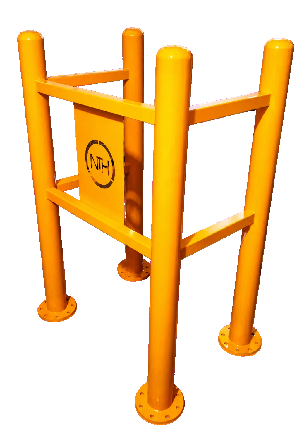 Garde-corps industriel orange avec quatre poteaux et platines d’ancrage