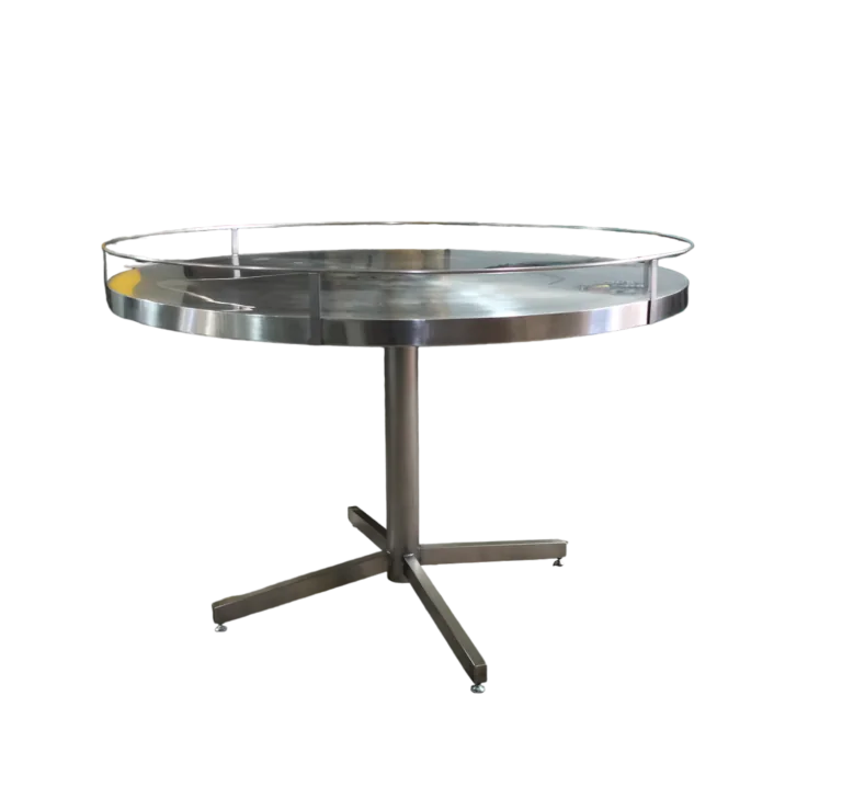 Table ronde tournante en inox avec guide périphérique et piètement central