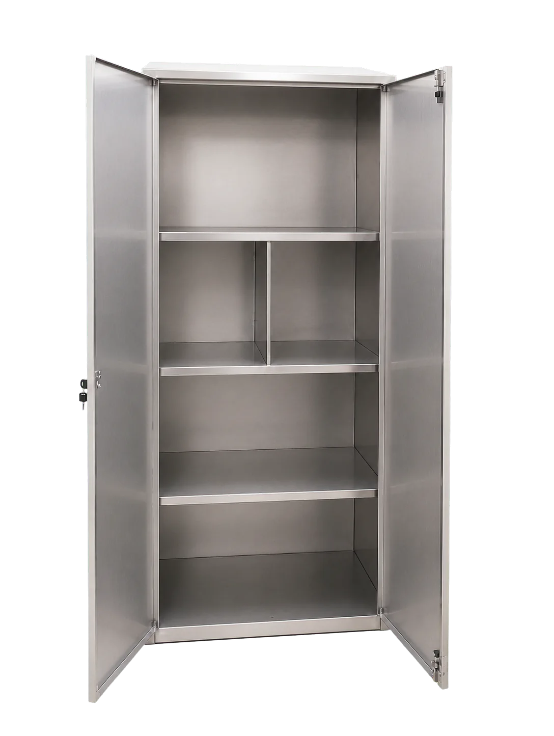 Armoire haute inox ouverte avec quatre niveaux de rangement
