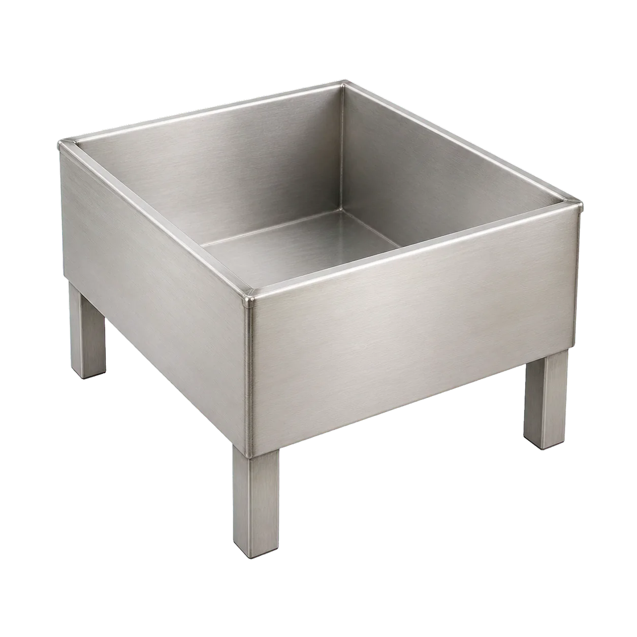 Bac carré profond en inox sur quatre pieds courts