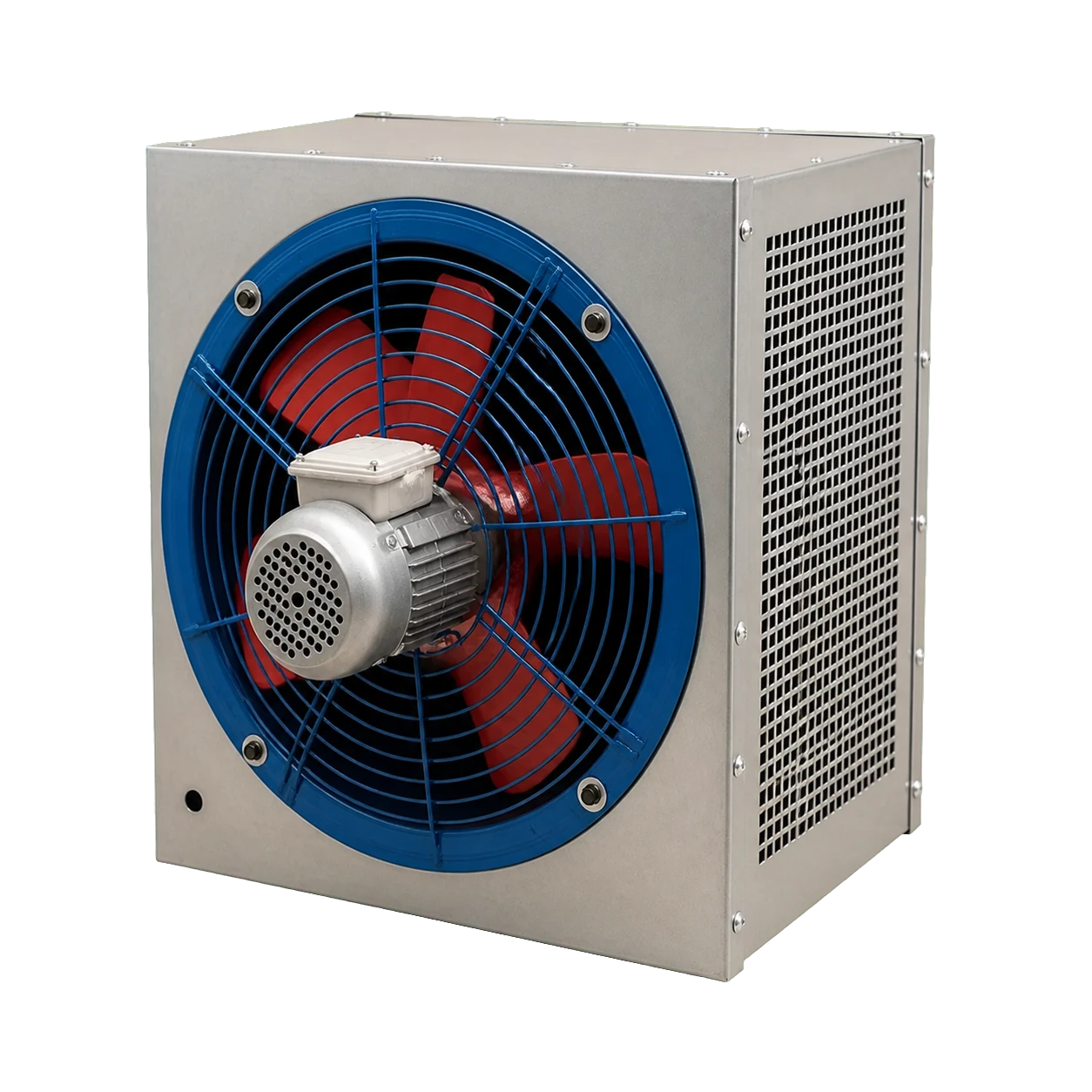 Vue trois-quarts du caisson de ventilation industriel montrant le moteur à l’avant et une partie de la grille arrière