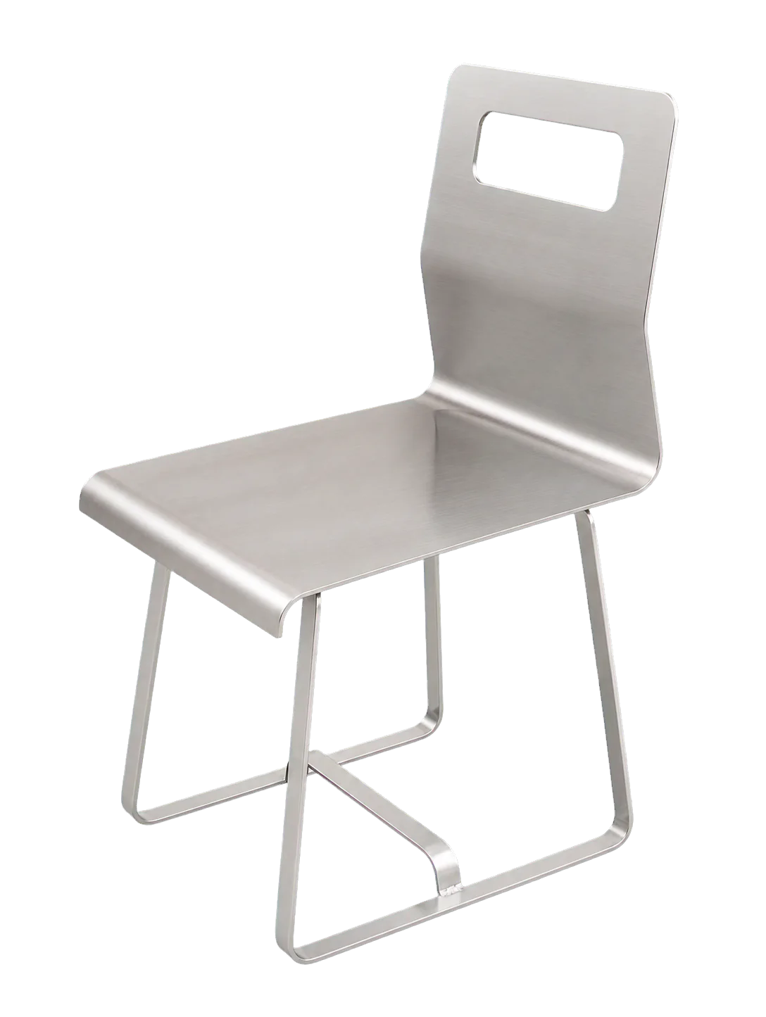 Chaise industrielle inox avec dossier-poignée et piètement métallique
