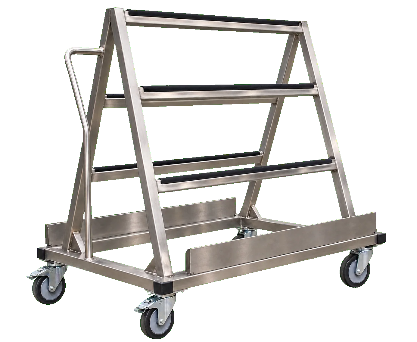 Vue latérale du même chariot avec ses appuis et roulettes