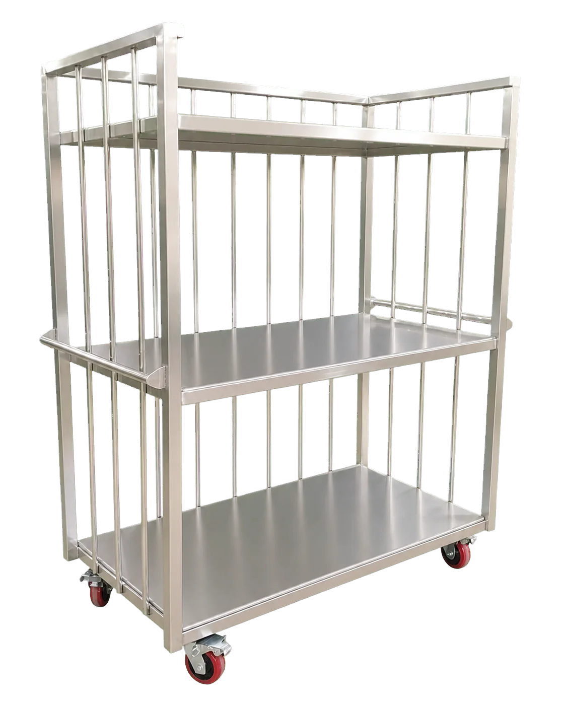 Chariot-cage inox à deux plateaux avec barreaux et roulettes rouges