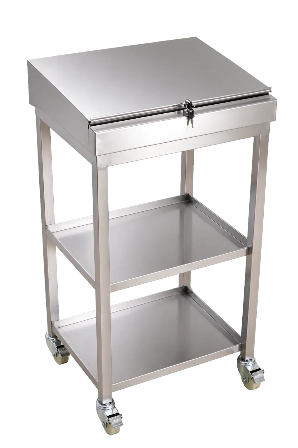 Chariot inox avec coffre supérieur verrouillable, deux plateaux et quatre roulettes
