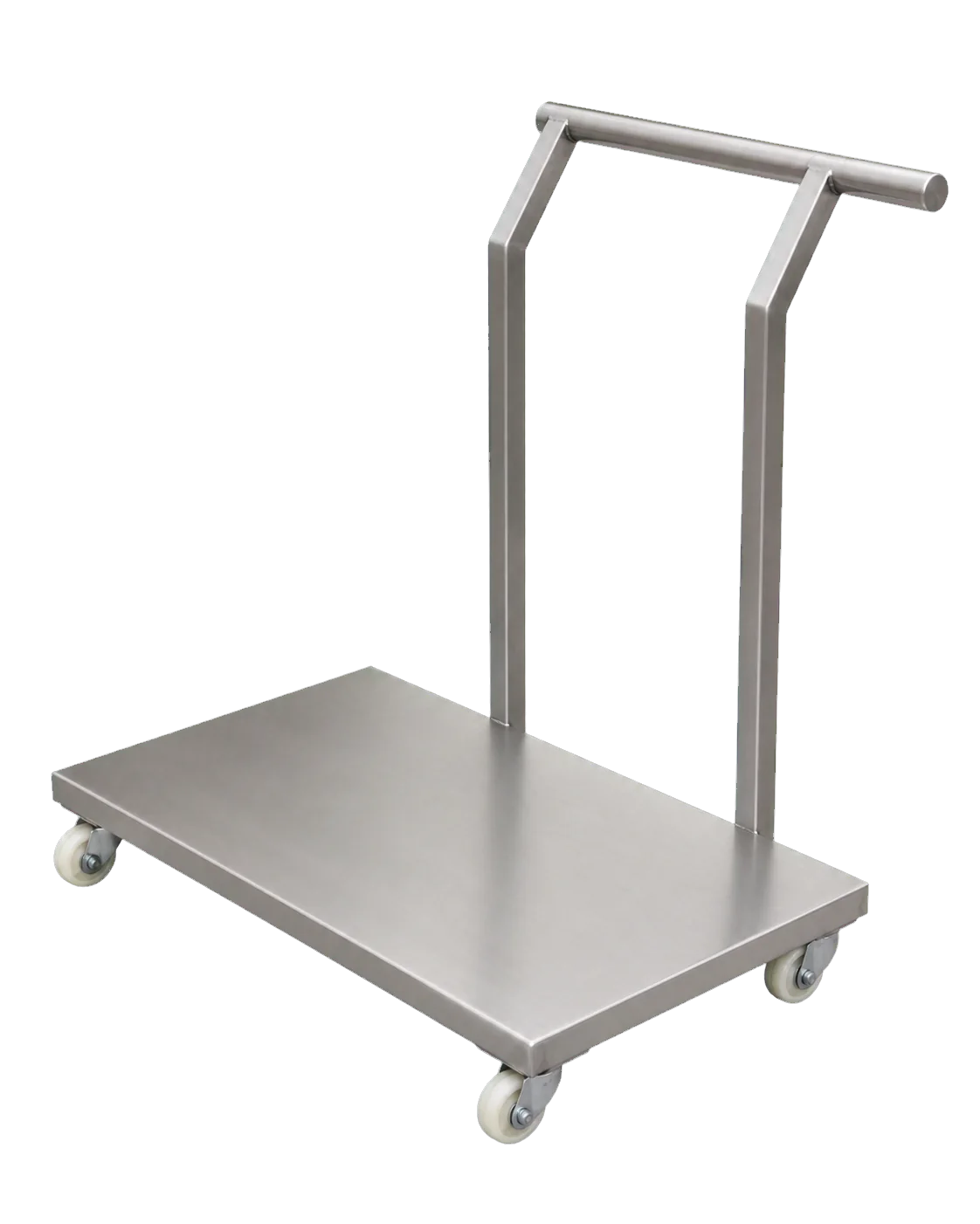Chariot plateforme en inox avec poignée tubulaire haute et quatre roulettes
