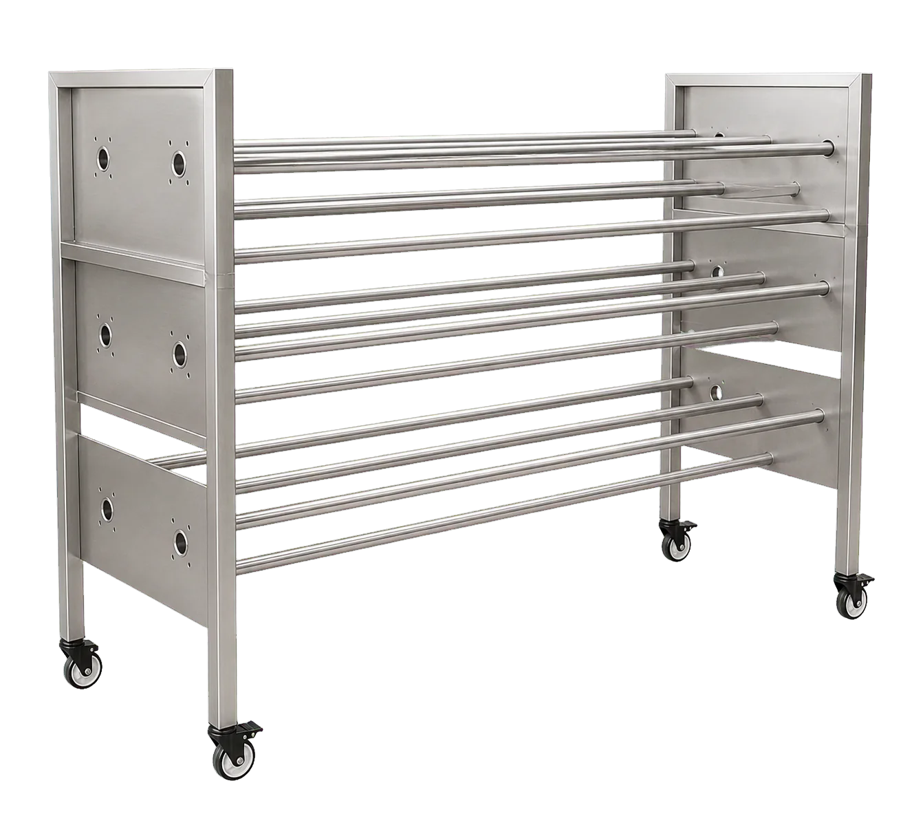 Chariot porte-barres mobile en inox avec multiples traverses tubulaires