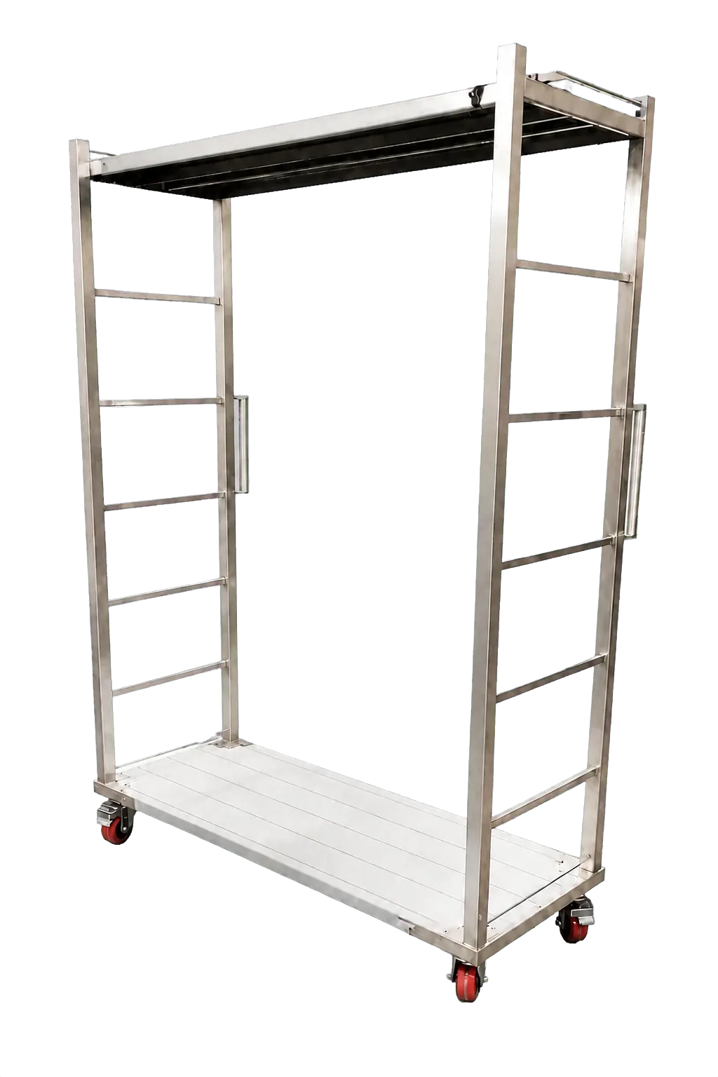Vue avant gauche du même chariot-portique avec ses rails et quatre roulettes
