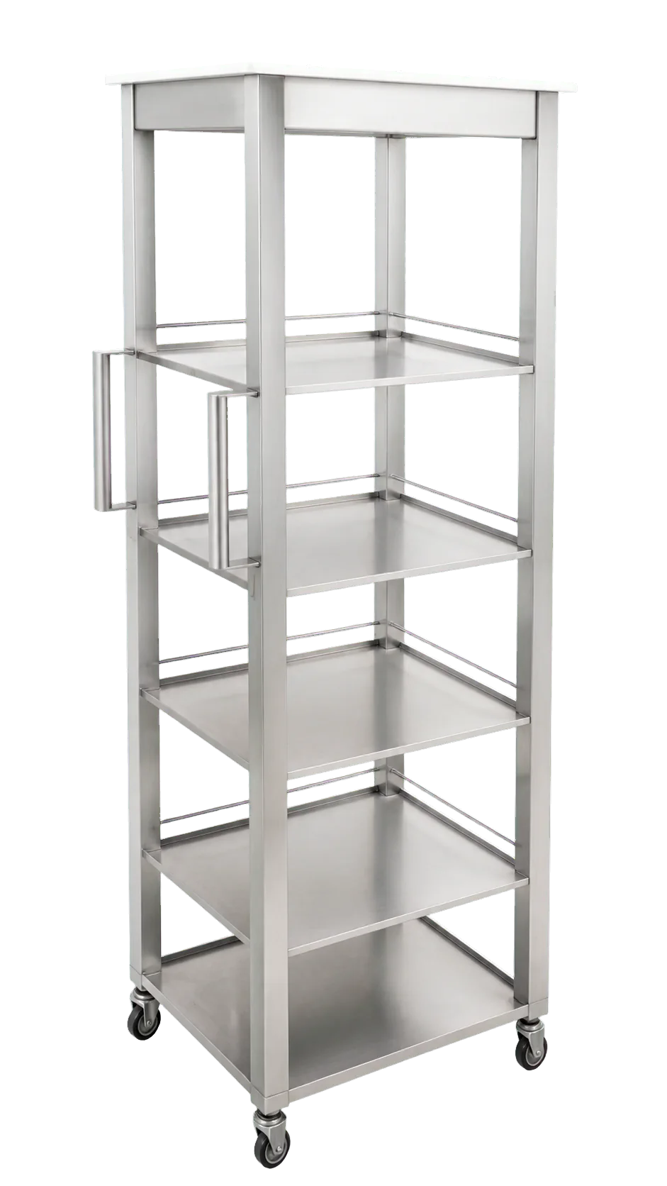 Chariot de stockage inox haut à cinq niveaux avec garde-corps