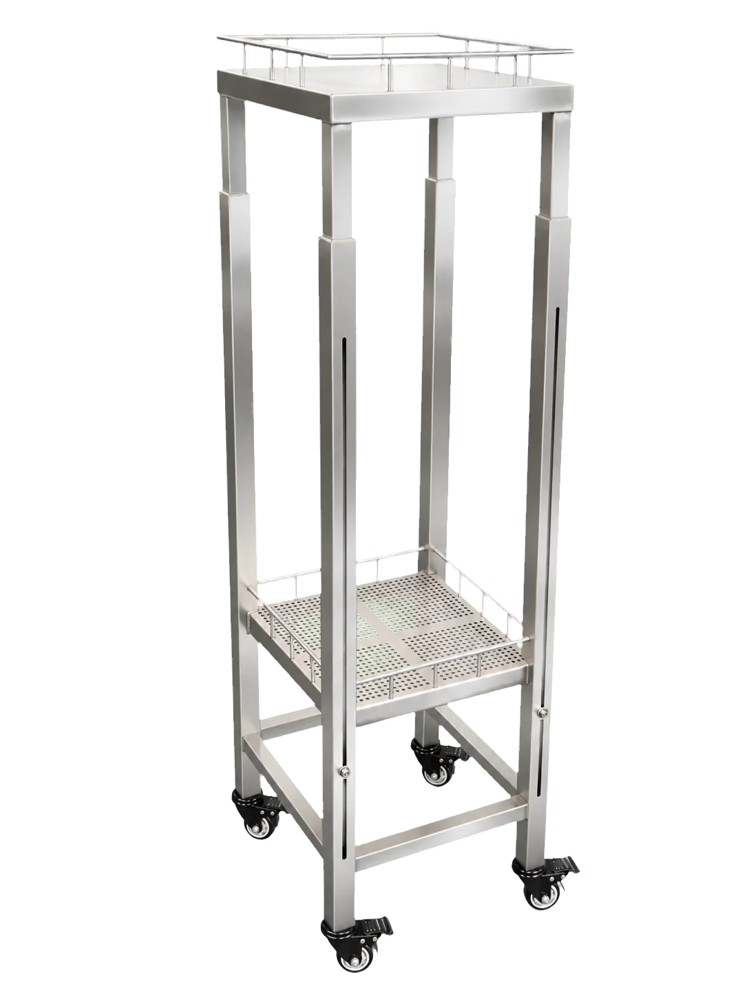 Chariot vertical inox avec montants réglables, panier perforé et roulettes