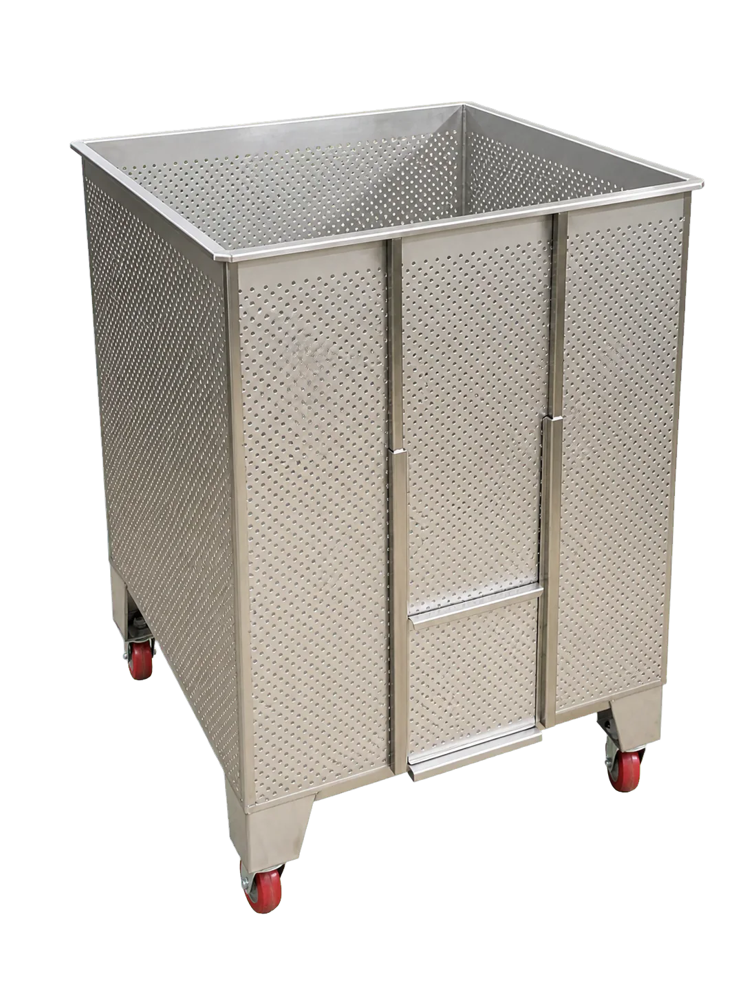 Conteneur vertical perforé inox avec accès frontal et roues rouges