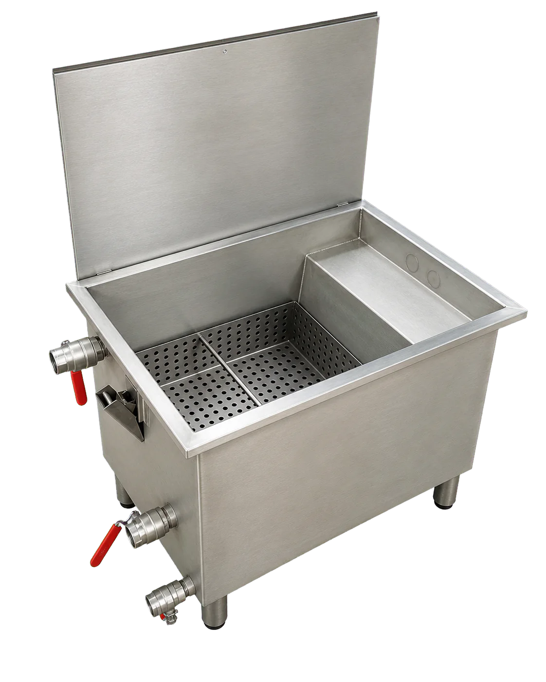 Cuve de lavage inox ouverte avec panier perforé, compartiment et raccords