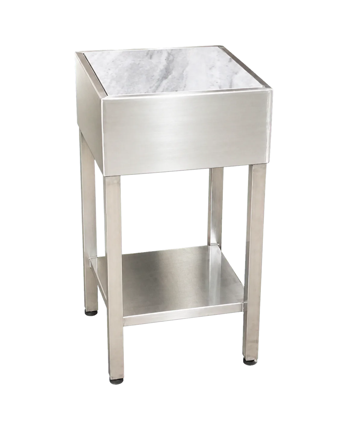 Guéridon haut en inox avec plateau minéral blanc veiné et tablette basse