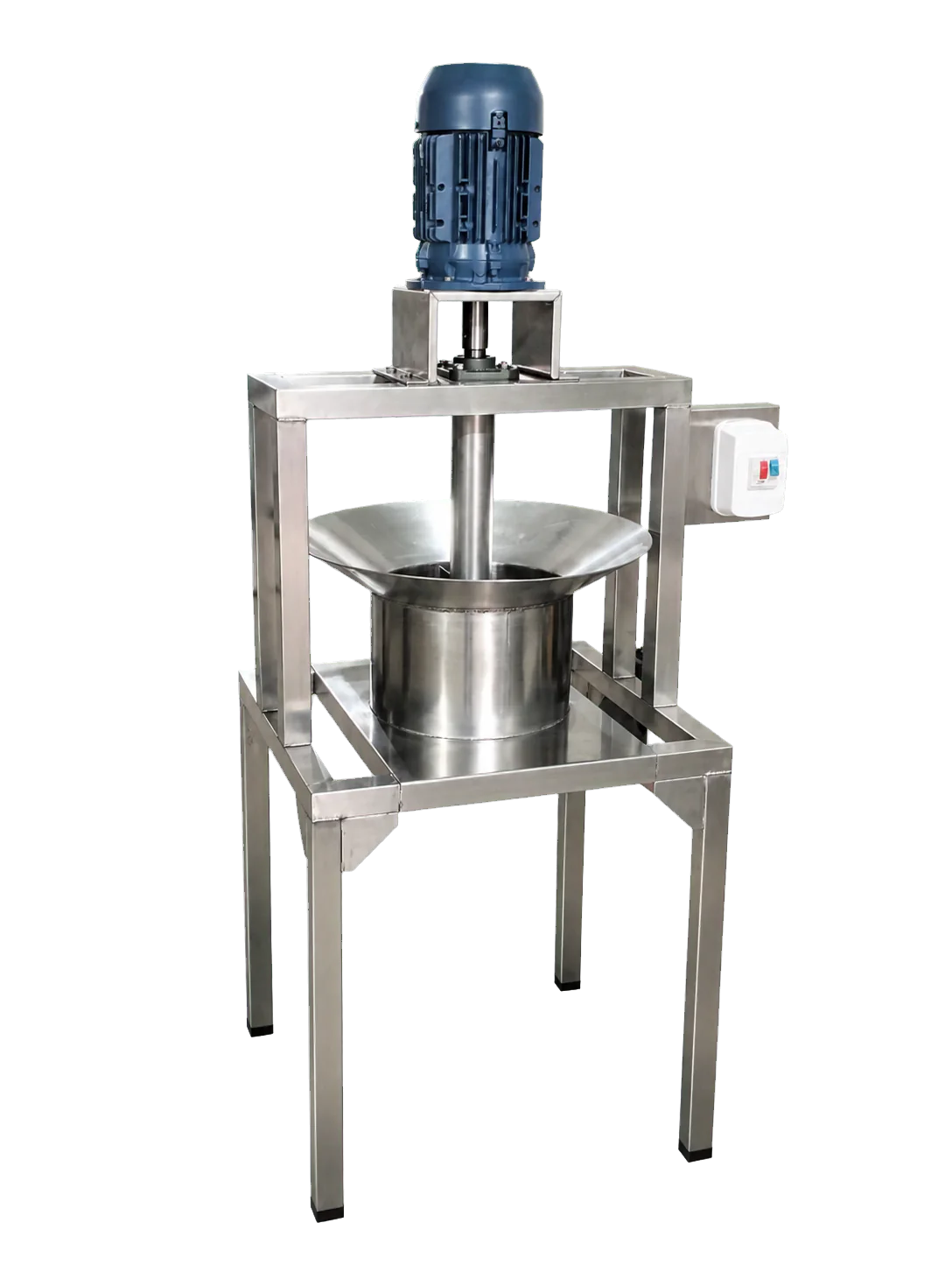 Mélangeur industriel inox avec moteur bleu, trémie, cuve et châssis