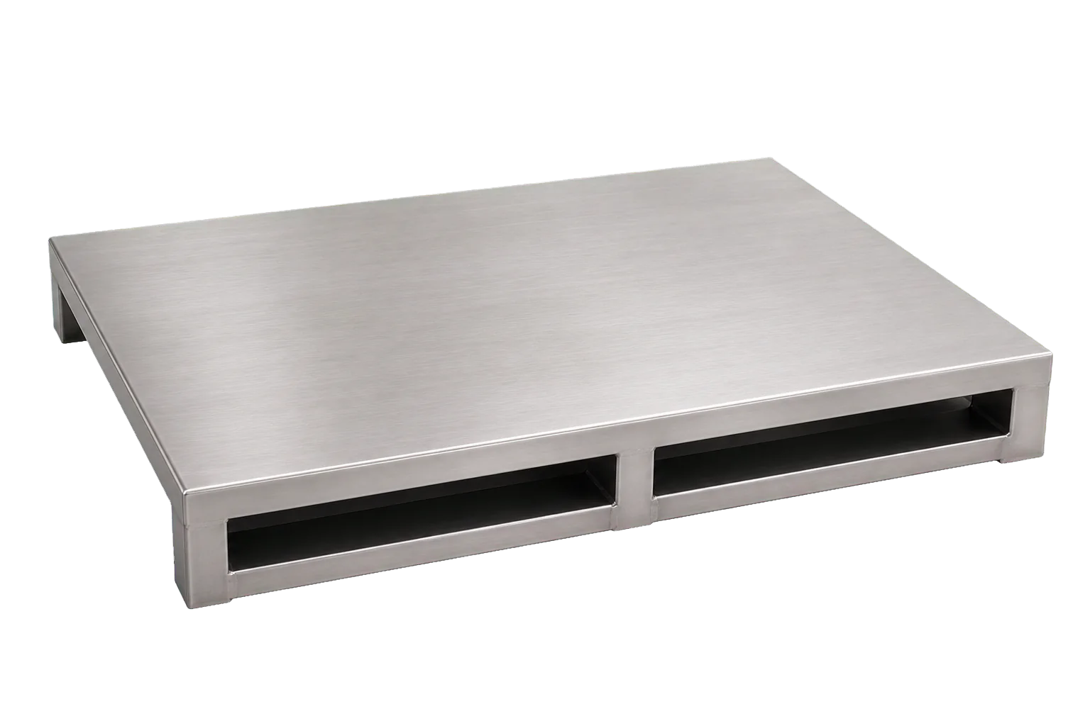 Palette basse en inox avec plateau plein et deux passages de fourches