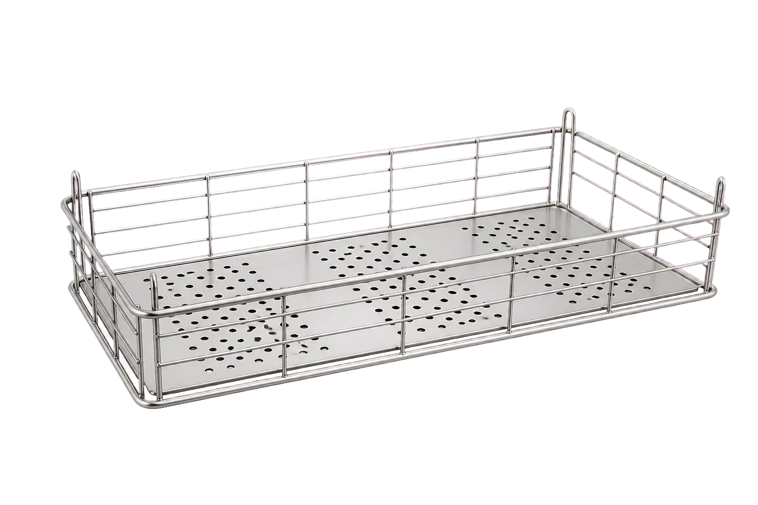 Panier inox rectangulaire avec fond perforé et parois en fil