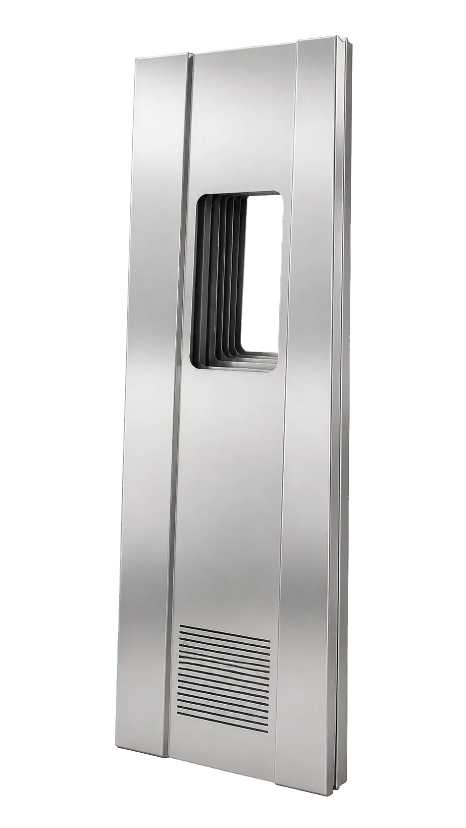 Panneau vertical inox avec fenêtre technique arrondie et grille de ventilation basse