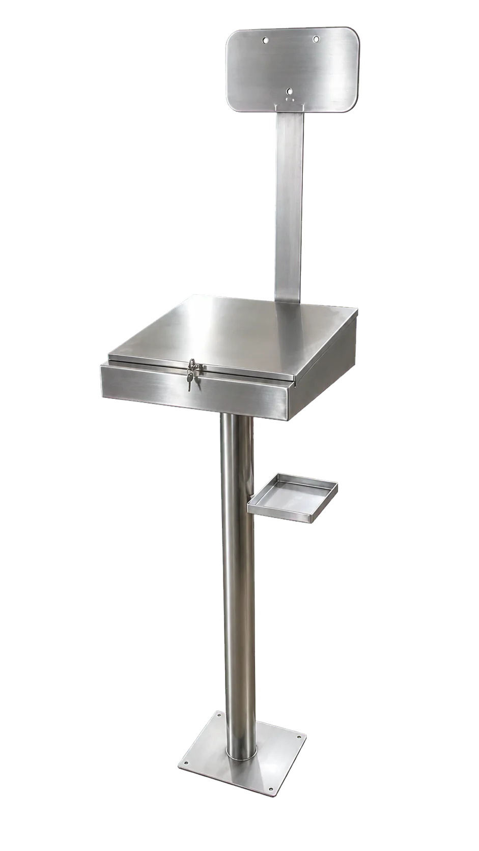 Poste opérateur inox sur colonne avec coffret verrouillable, support haut et commande latérale