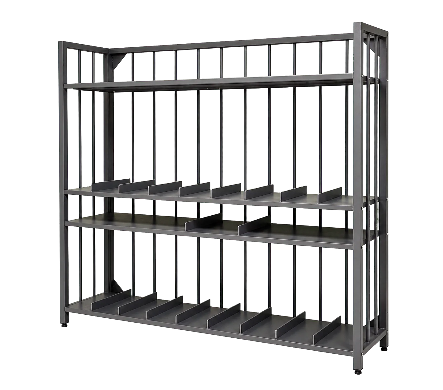 Rayonnage métallique gris anthracite à trois niveaux compartimentés