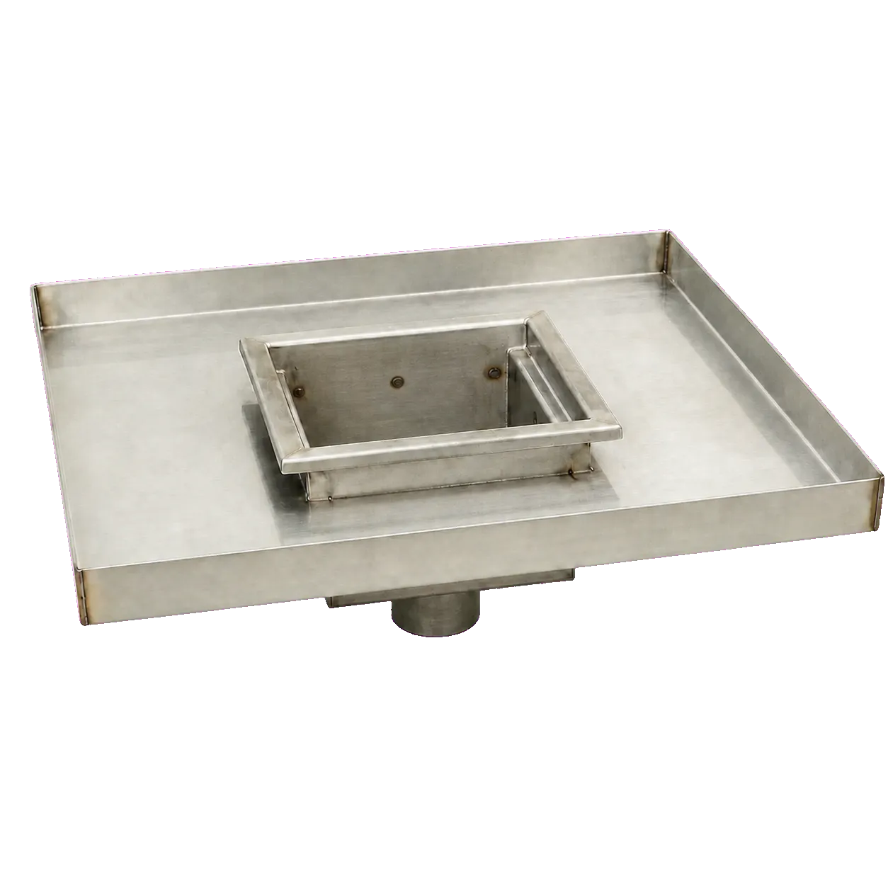 Siphon de sol en inox avec large plateau carré, bac central et sortie cylindrique
