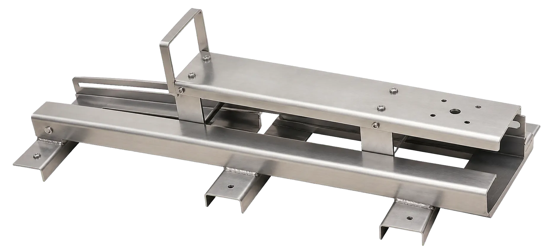 Photographie originale du support mécanique en inox avec rails, platines et capot boulonné