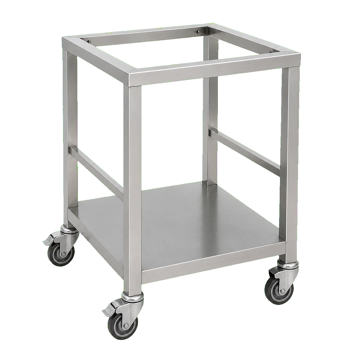 Support mobile en inox pour four avec étagère basse et roulettes