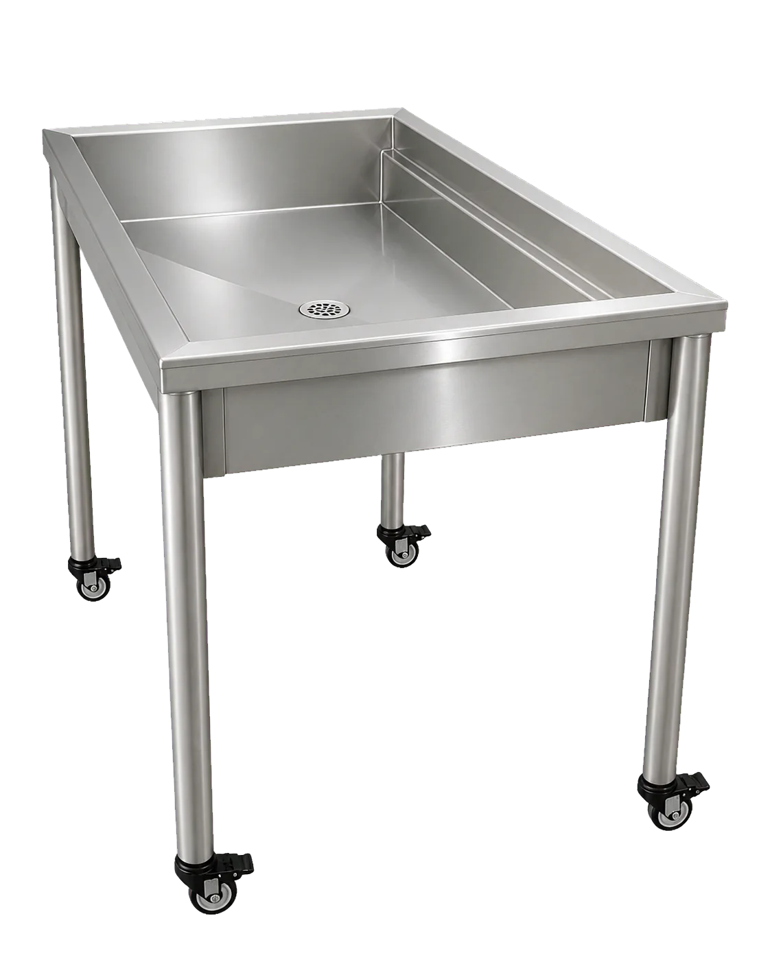 Table de lavage mobile inox avec cuve profonde inclinée et quatre roulettes