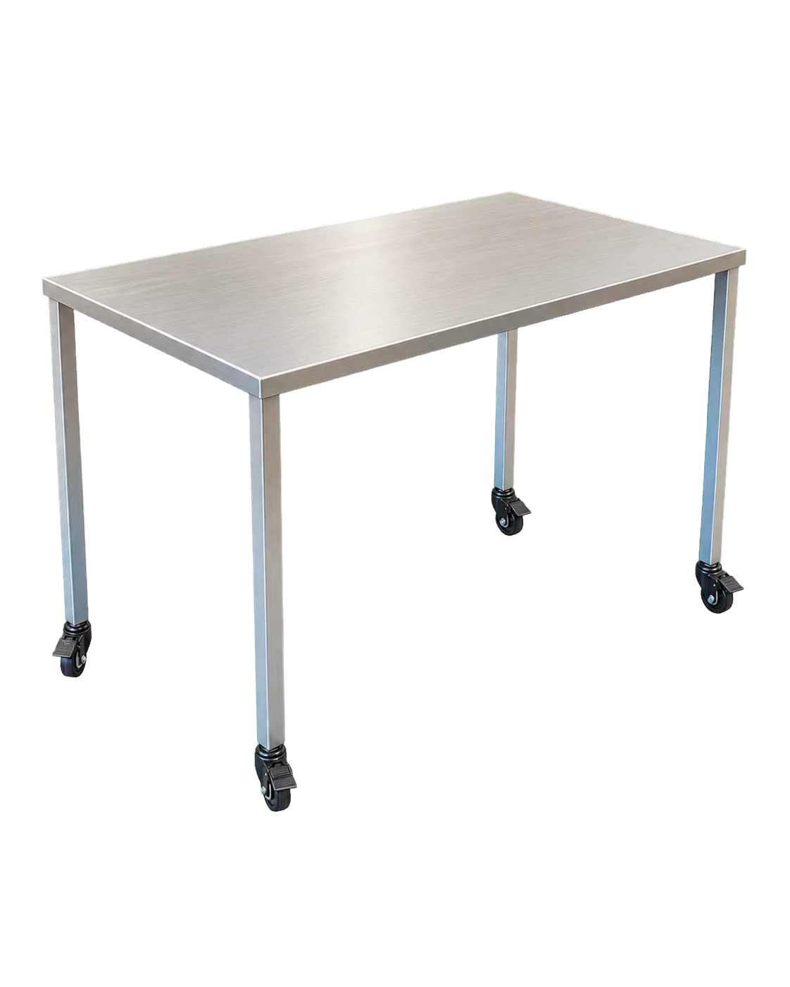 Table mobile en inox à plateau plein et quatre roulettes noires freinées