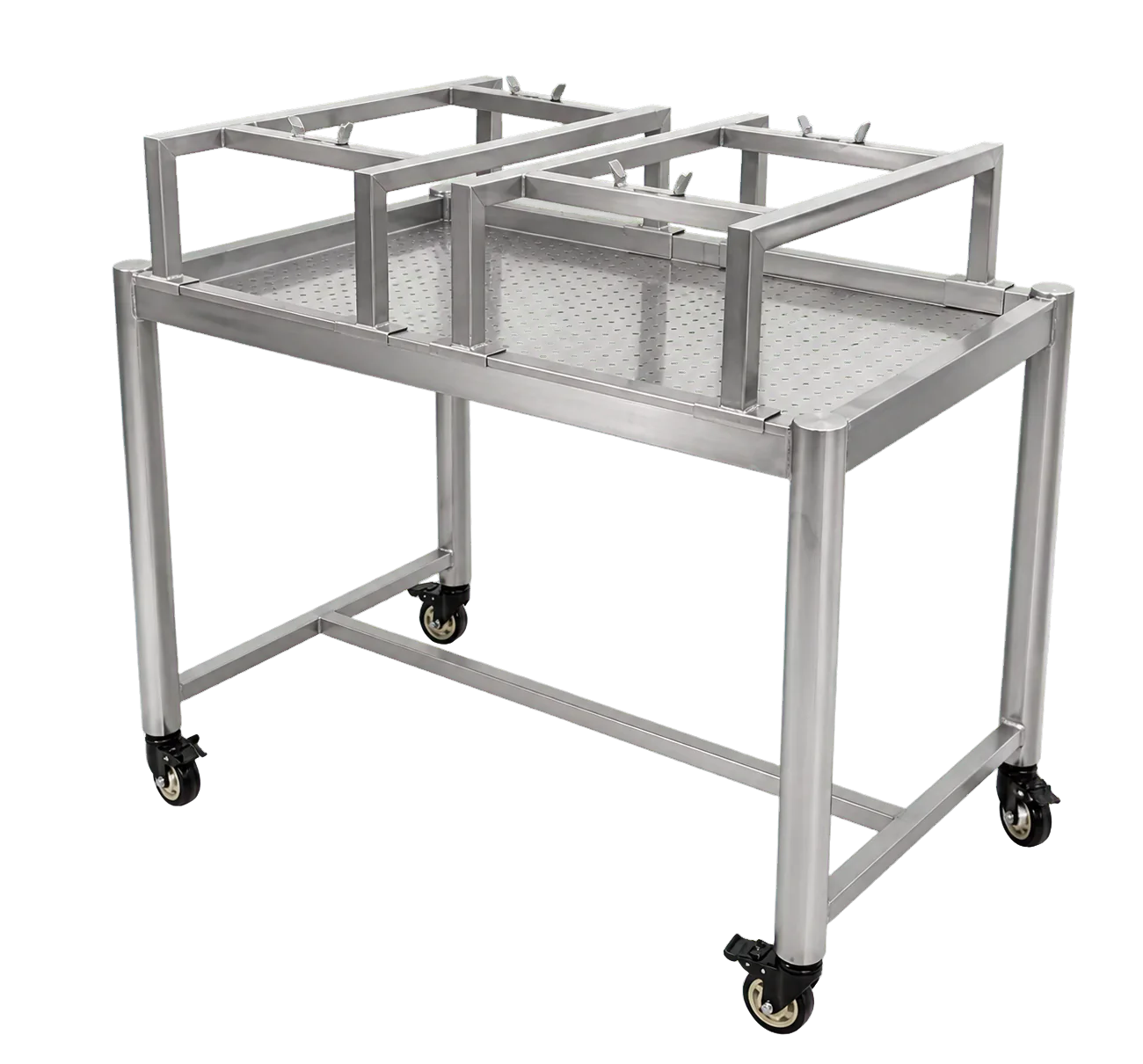 Table mobile inox avec plateau perforé et deux cadres de maintien réglables