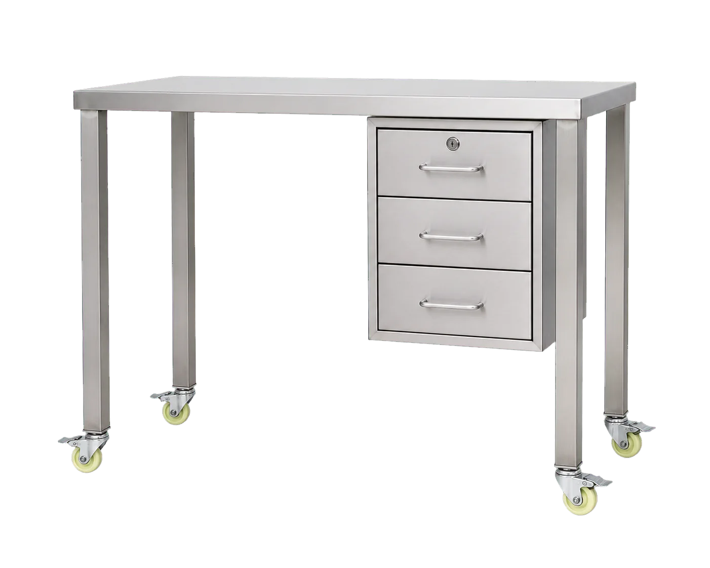 Table mobile en inox avec trois tiroirs et quatre roulettes jaunes