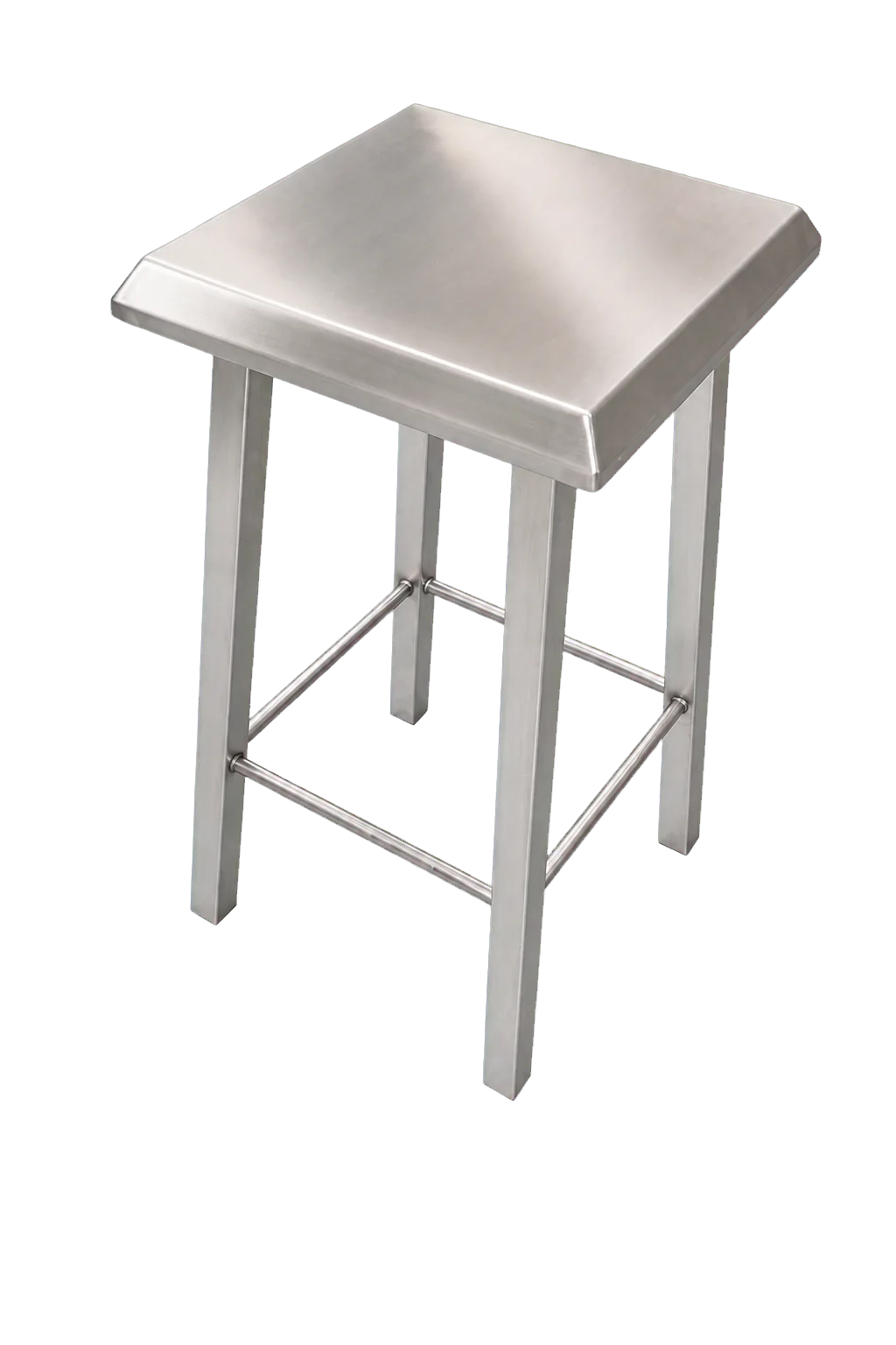 Tabouret inox haut à assise carrée cuvette, quatre pieds et repose-pieds