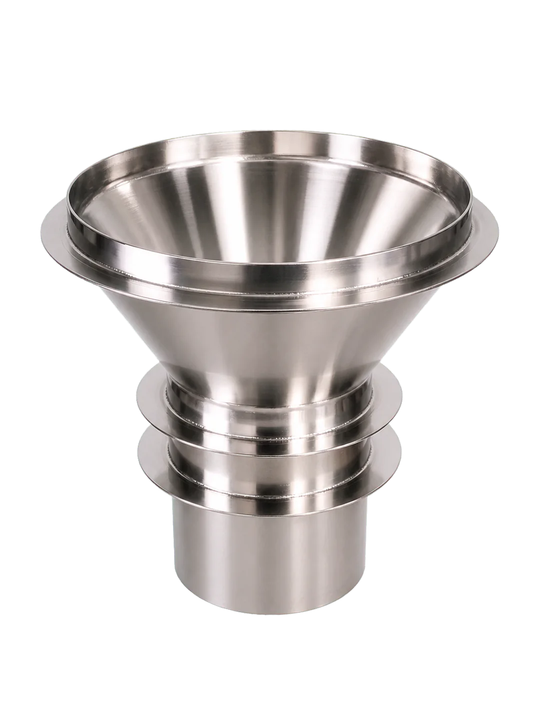 Trémie conique polie en inox avec collerettes de raccordement