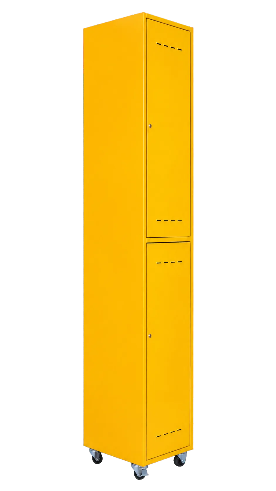 Vue avant gauche du même vestiaire montrant le côté et les roulettes