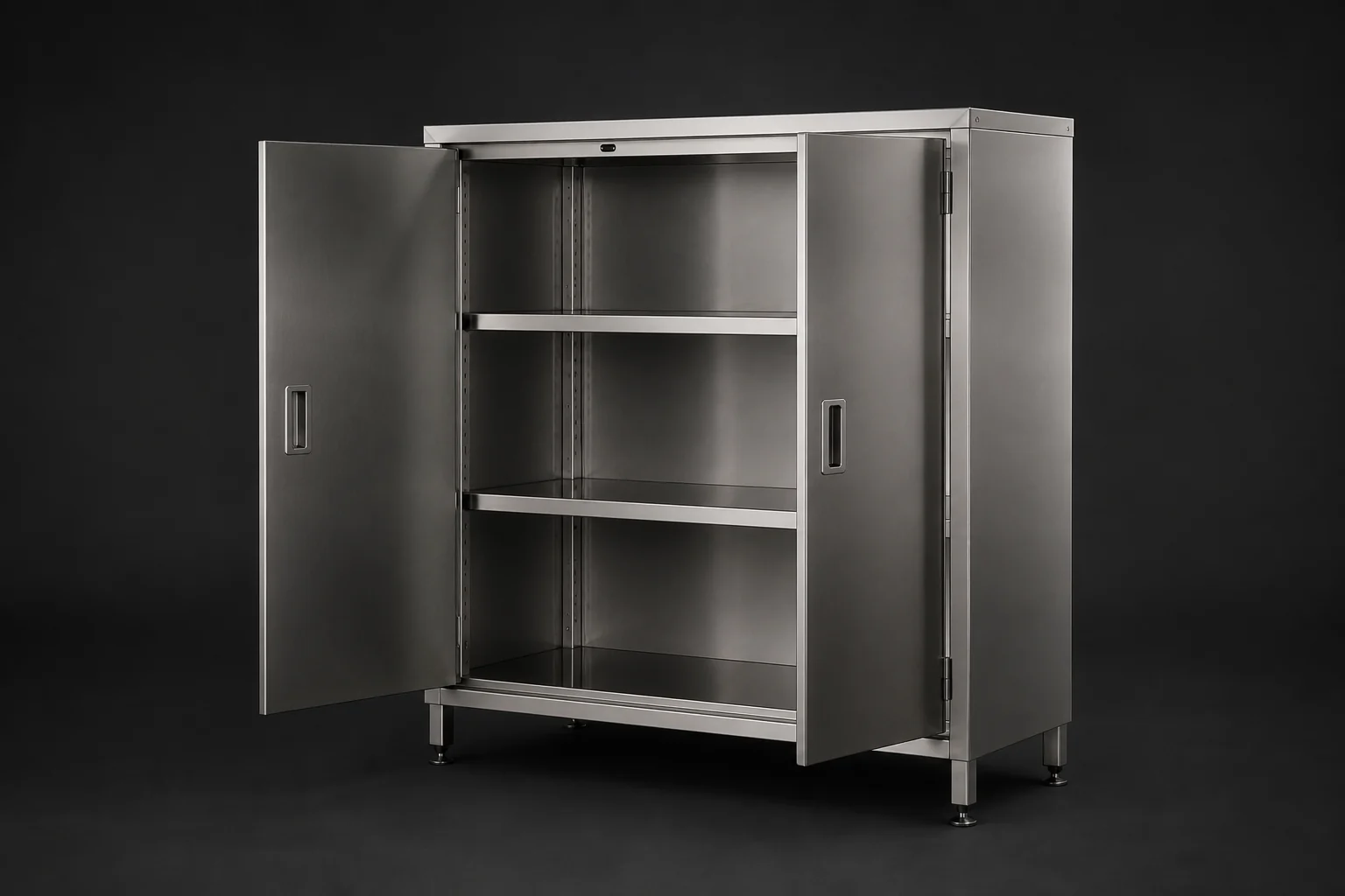 Vue trois-quarts de l’armoire inox avec ses portes ouvertes