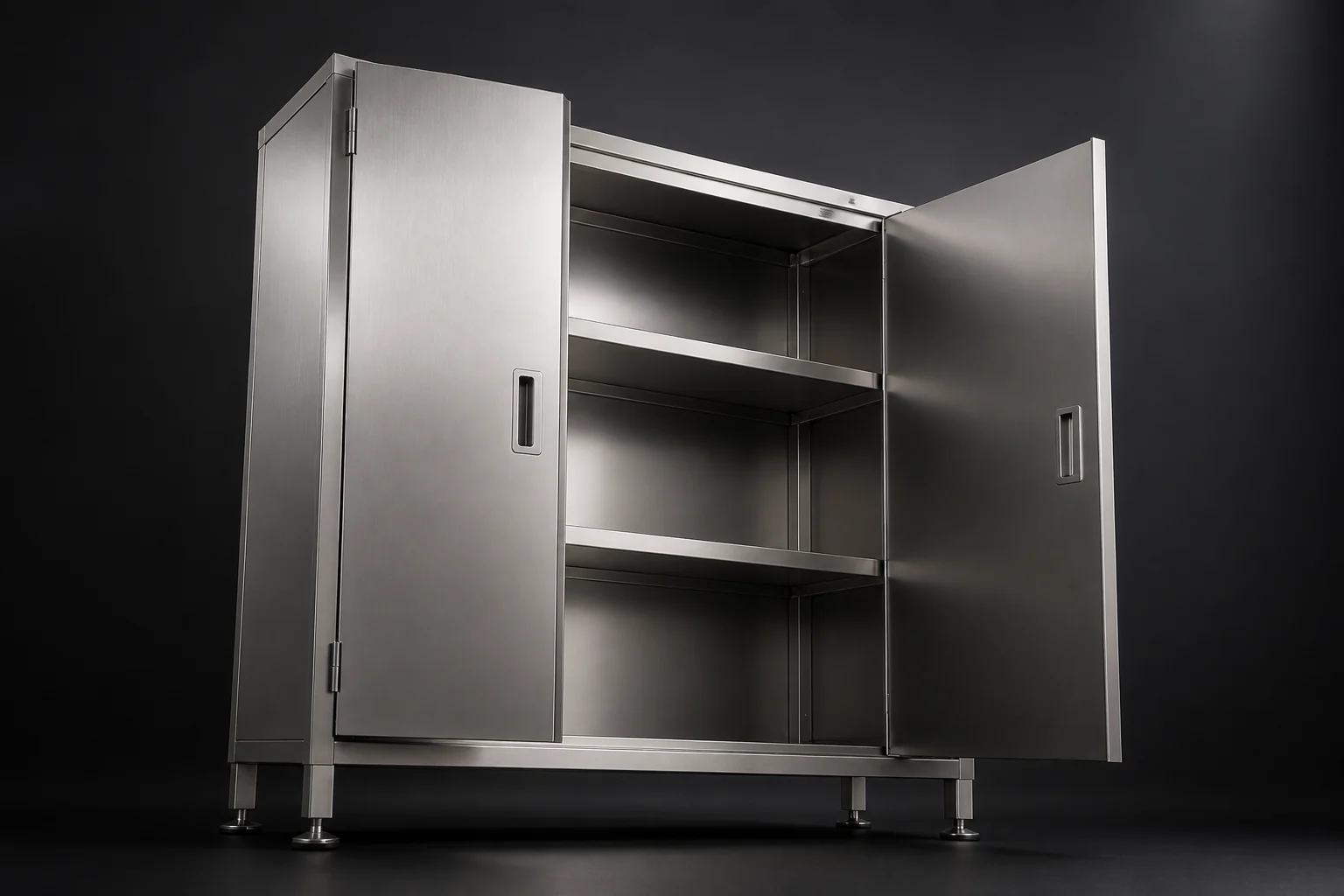 Vue basse de l’intérieur, des étagères et des pieds de l’armoire inox