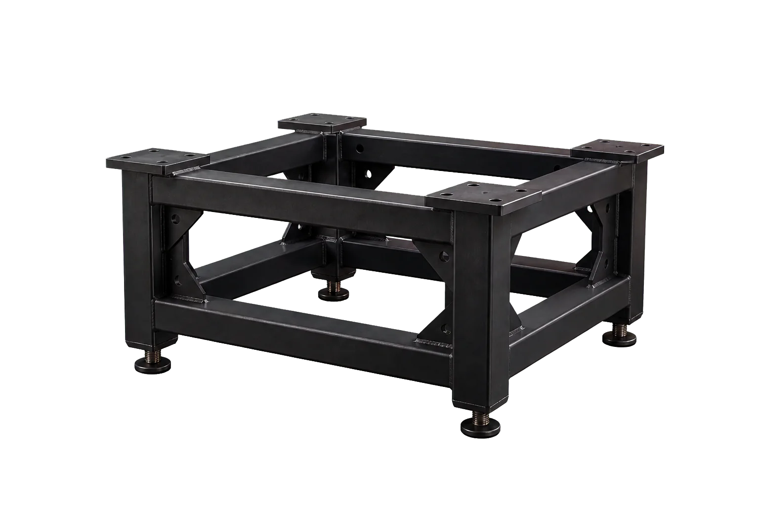 Bâti machine mécano-soudé en acier thermolaqué avec platines et pieds réglables