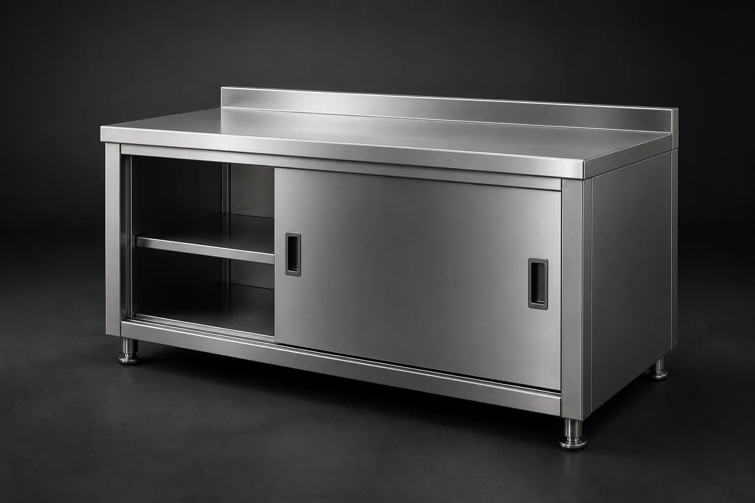 Vue du meuble inox avec une porte coulissante ouverte