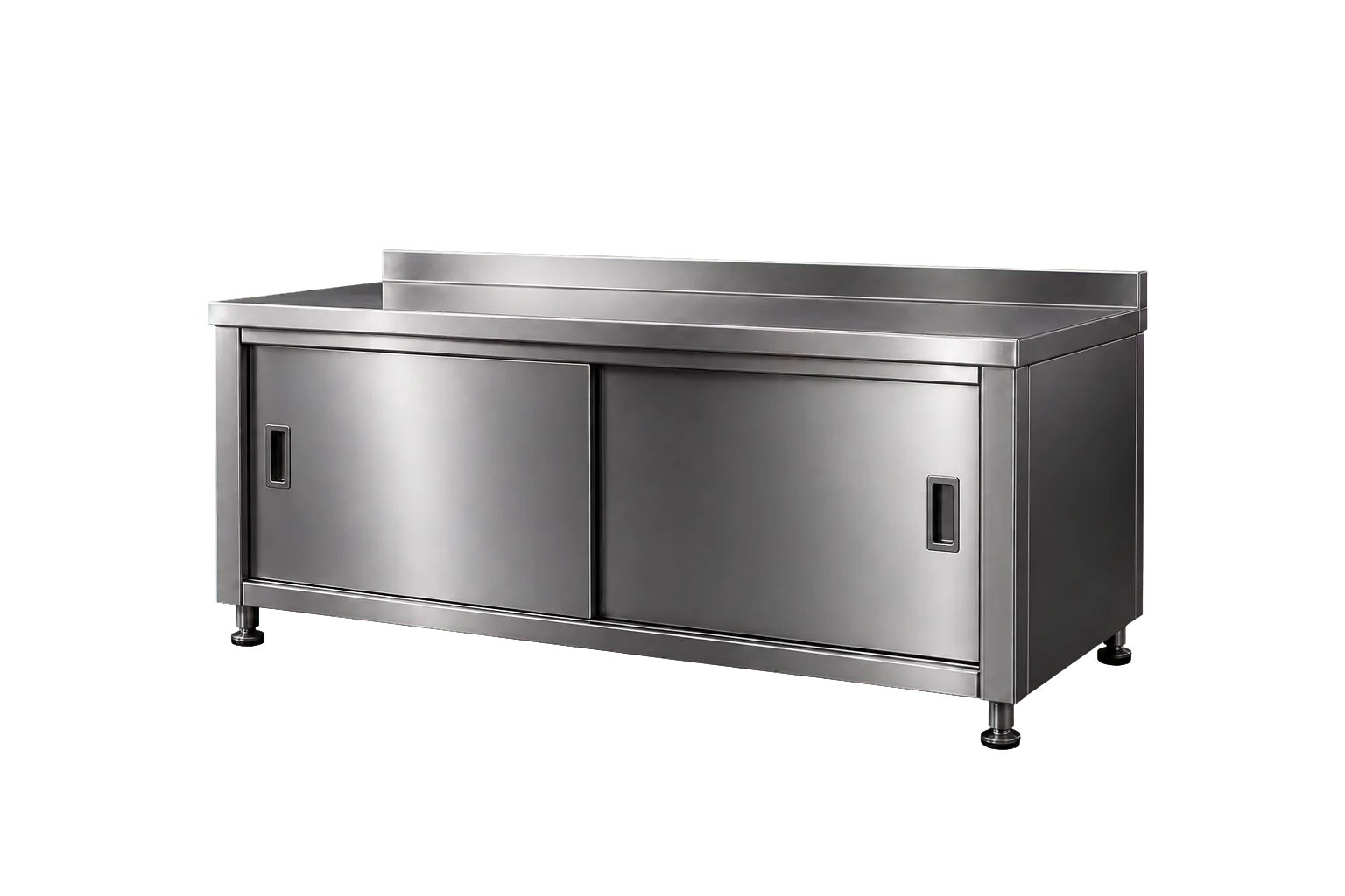 Meuble professionnel en inox avec plan de travail et deux portes coulissantes
