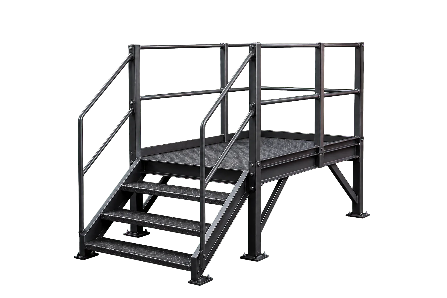 Plateforme technique en acier peint avec escalier, garde-corps et plancher antidérapant
