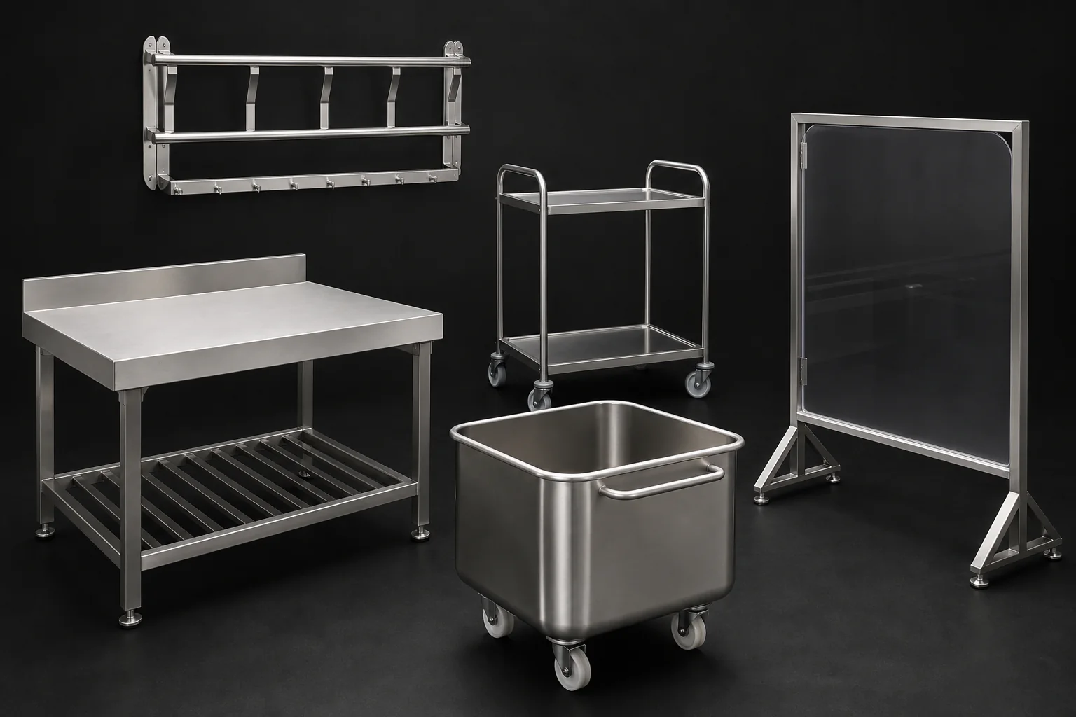 Échantillons pour atelier carné : table, bac mobile, chariot, support et écran inox