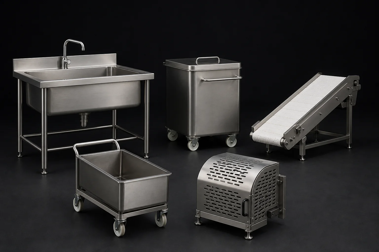 Échantillons agroalimentaires : bac, évier, convoyeur, chariot et protection inox