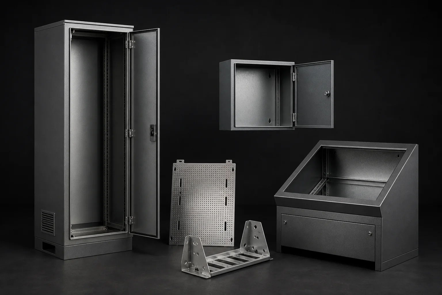 Échantillons électriques : armoire, coffret, pupitre, plaque de montage et support de câbles