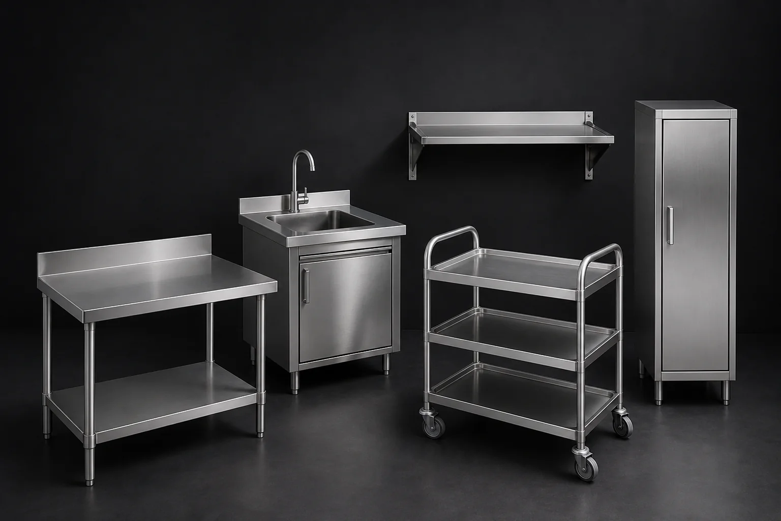 Échantillons pour cuisine professionnelle : tables, évier, étagère, desserte et armoire inox