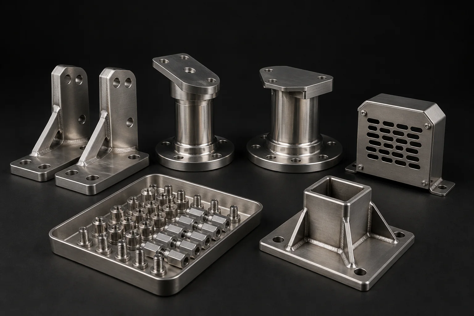 Échantillons industriels : supports, brides, carter, embase soudée et petite quincaillerie inox