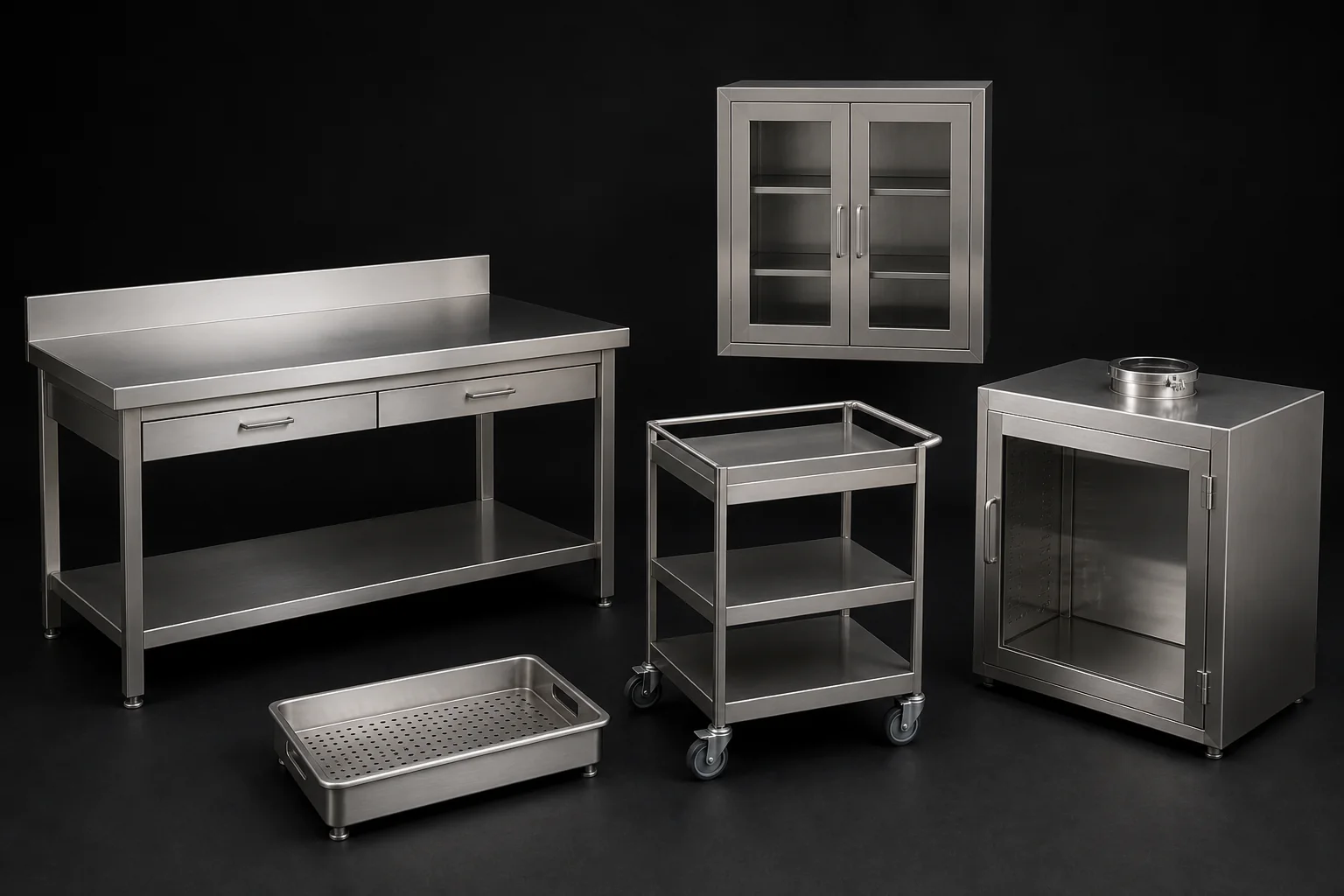 Ensemble d’échantillons pour laboratoire : paillasse, chariot, armoire, plateau et caisson inox