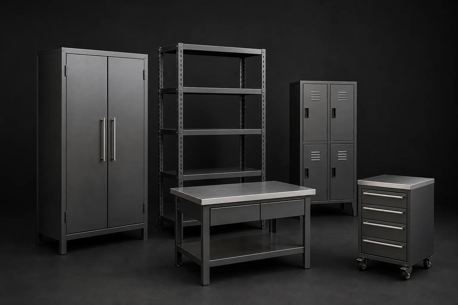 Échantillons de mobilier métallique : armoire, rayonnage, établi, casiers et caisson mobile
