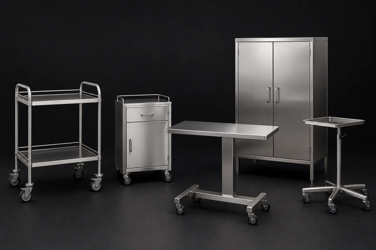 Échantillons hospitaliers : chariots, table mobile, armoire et support inox